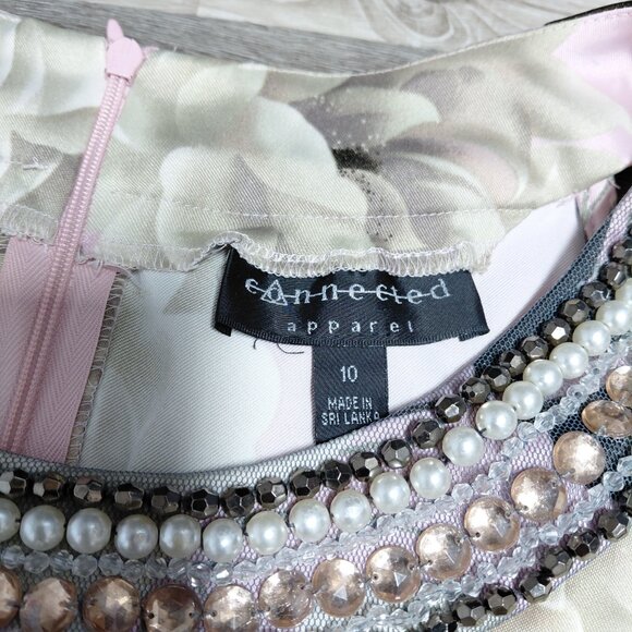 A-line Short Sundress-Large White Roses-Pink Silver Beaded High Halter Neckline - Picture 4 of 8